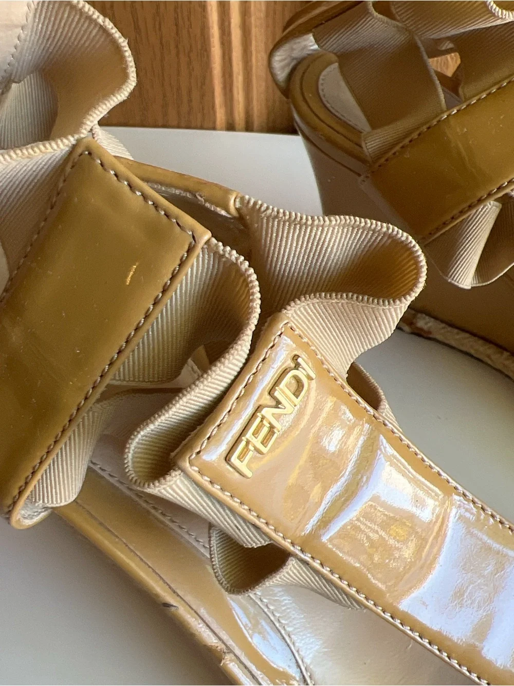 Fendi Patent Leather T-Strap Wedge Sandals Tan Beige EU 35.5
